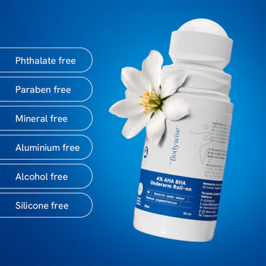 Be Bodywise 4% Aha Bha Underarm Roll On 50ml | 2% Lactic Acid, 1% Mandelic Acid, 1% Salicylic Acid | Controls Odour & Reduces Pigmentation | 0% Alcohol & 0% Aluminium | Flora Fragrance